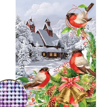 Алмазная вышивка с частичным заполнением «Снегири» 30x40 см, холст, ёмкость